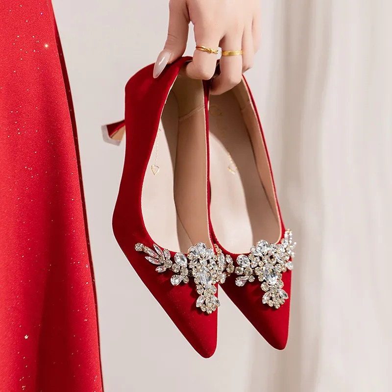 French Thin Wedding Shoes Female Wedding Bride Shoes Xiuhe Dress Red High Heels Botines Mujer Con Tacon Women Shoes 241209