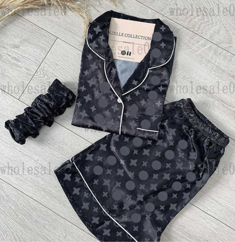 Designer Womens Tracksuits Letters Full Print Vintage Pajamas Style Silk short Sleeve Shirt Drawstring Elasticated Waist Trousers 2 Piece Set