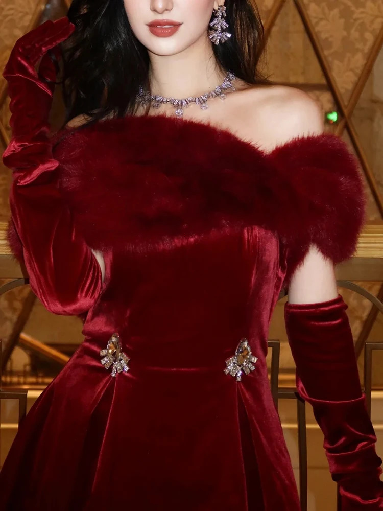 Galcaur Solid Splicing Fur Elegant Fashion Womens Slant Neck Shoulder High Waist Diamond Button Mini Dress Womens Style 241206