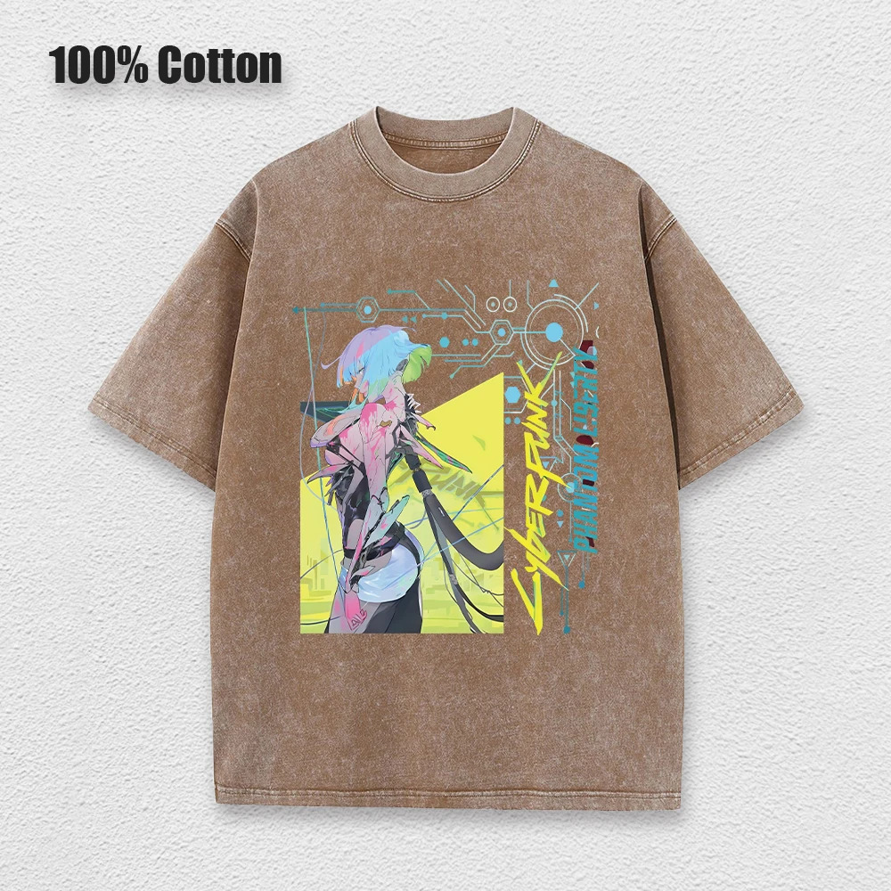 Y2k style mens wash T-shirt cyberpunk Edgerunners printed retro Harajuku style top fashionable hip-hop fashion streetwear unisex 241205