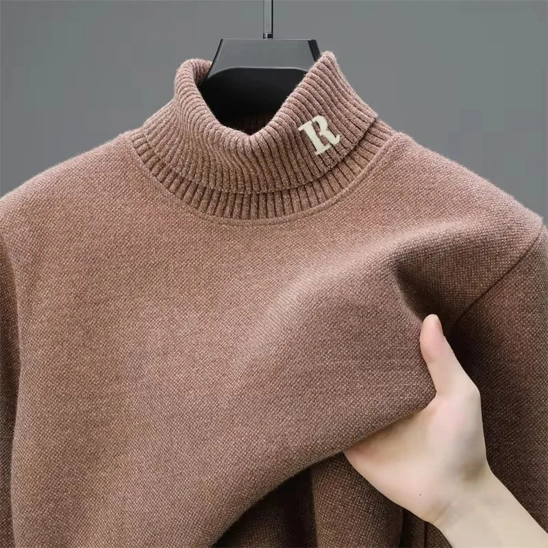 High end mens knitted sweater winter item exquisite letter embroidery plush thick Korean style high neck pull-out 241205