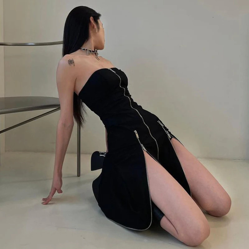 Goth Dark Techwear Fashion Zipper Midi Dress Cyber Y2k Shopping Center Gothic Split Womens Pipe Dress Party Clothing Punk Shoulder Set 241205