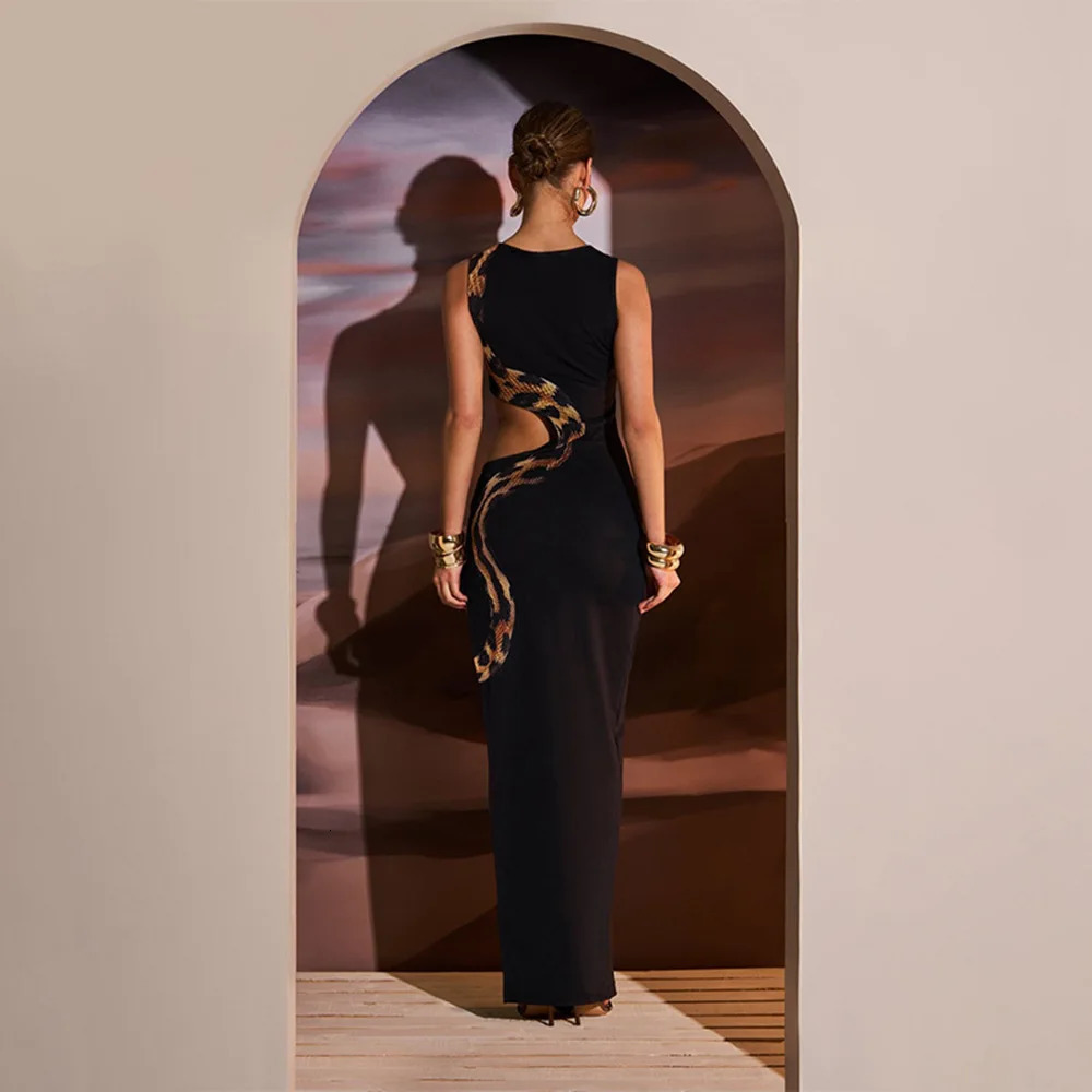 European and American Style Womens 2024 Summer Sleeveless Sexy Slim Split Long Skirt Hollow Out Dress Gown 241209