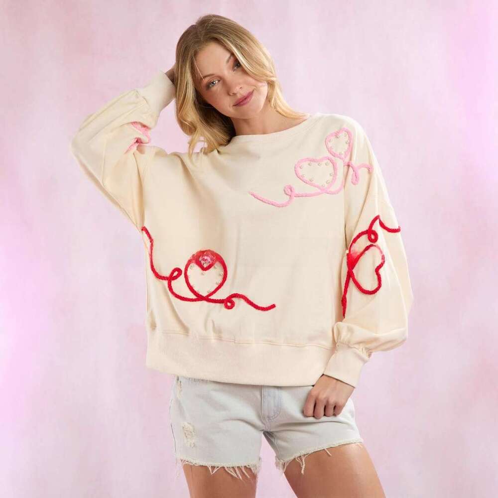 Autumn Winter European And American Clothing Valentine's Day Heart-Shaped Embroidery Pearl Decoration Top Sweet Hoodie Women's Fashion Quali