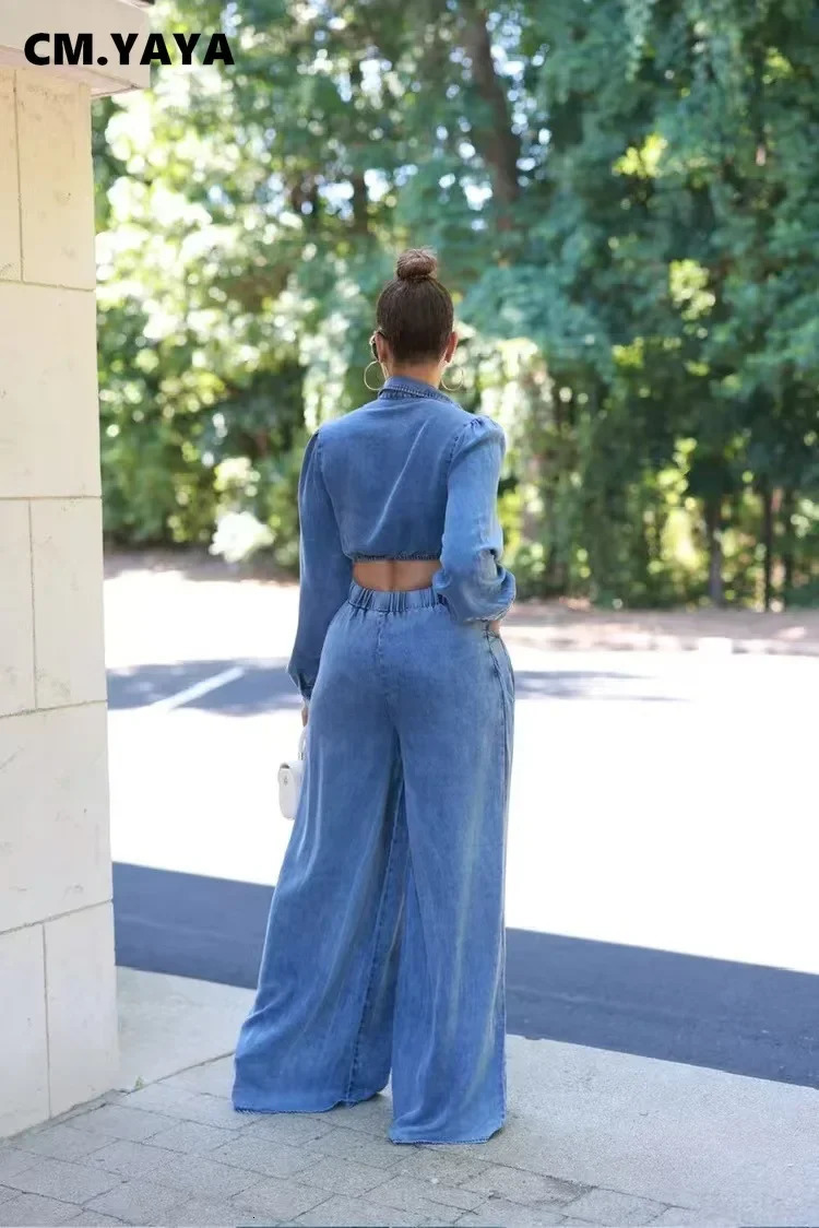 CM. YAYA denim womens suit tie long sleeved shirt and pocket loose jeans pants street two-piece set 241202