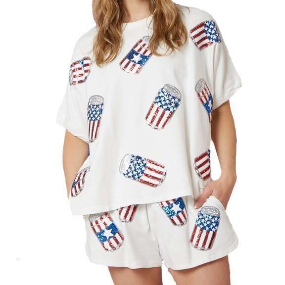 Summer New European And American Women's Independent Day Top Sequined Pants Short Sleeved Two-Piece Set Fashionable Quality Classic B2