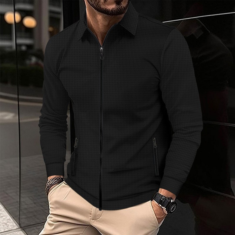M11224 Men's autumn new waffle solid color zipper pocket long sleeve jacket