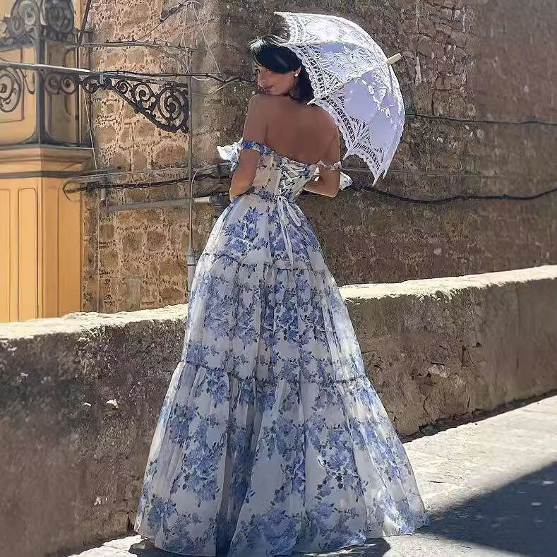 New spring and summer off shoulder women's fashion, organza fairy long style evening dress, 2024 versatile new trendy clothing ins