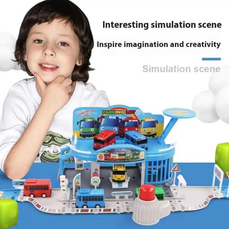 Tayo the Little Bus Parking Playset with start-up and slide functions equipped with 2 mini buses (random colors) - Childrens Cartoon Car Set X241209