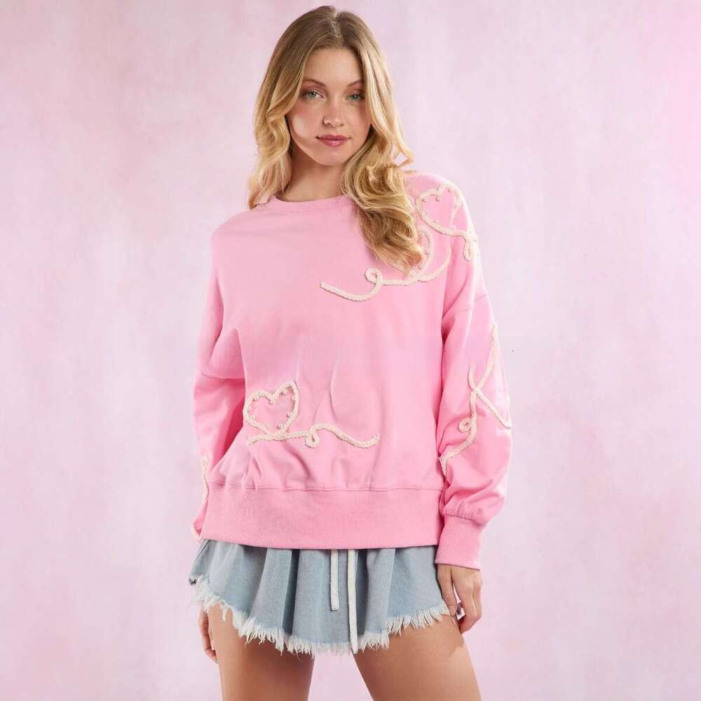 Autumn Winter European And American Clothing Valentine's Day Heart-Shaped Embroidery Pearl Decoration Top Sweet Hoodie Women's Fashion Quali