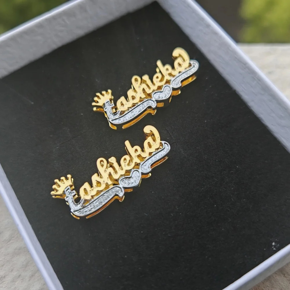 LeeChee Crown Double Layer Custom Name Earstuds Two Tone 3D Nameplate Earrings Jewelry For Women Men Gift 241209