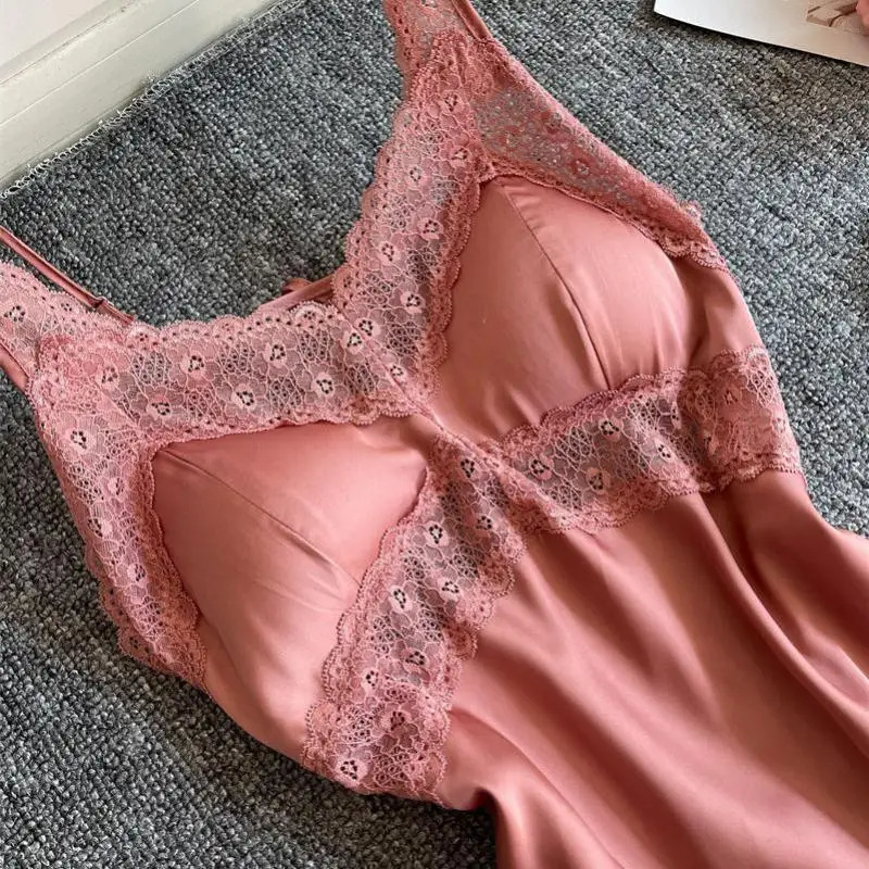 Sexy Spaghetti Strap Nightgown With Lace Soft Sleepwear Intimate Lingerie Casual Nightdress Nightwear Backless Homewear 241209