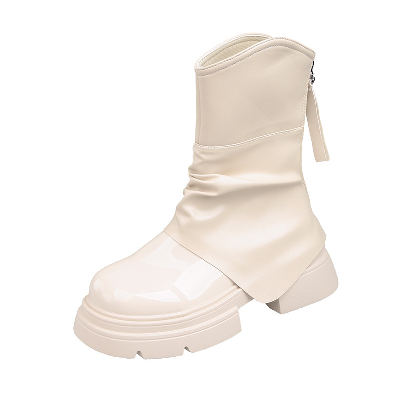 Women Boots:Patent Leather Popular Short Boots 2024 Winter Warm High-end Design Thick Sole Increase Height Retro Style,Black/White/Khaki,Free shipping