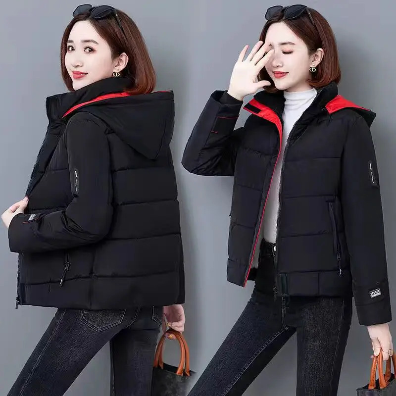 Womens thick wool cotton Parkas winter warm hooded short jacket womens casual solid zipper apron Coats 241209