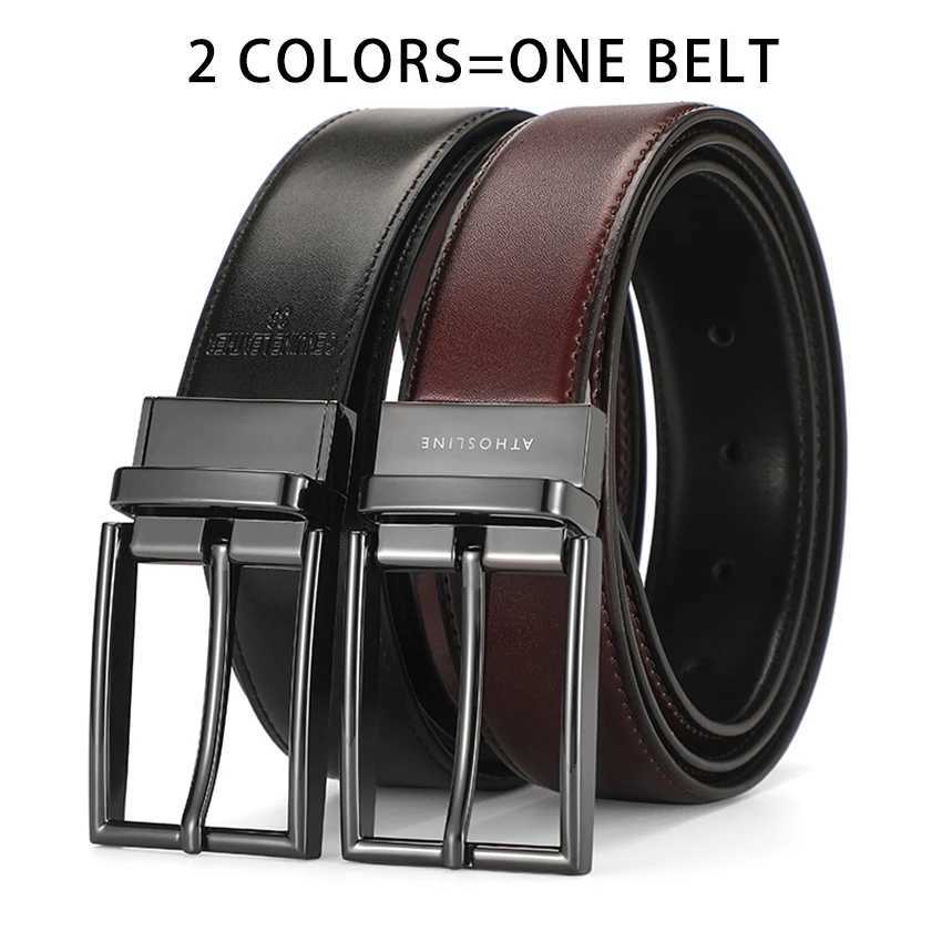 Athosline casual Rrsible mens real belt formal rotating buckle daily dress 1.3 inches X241209