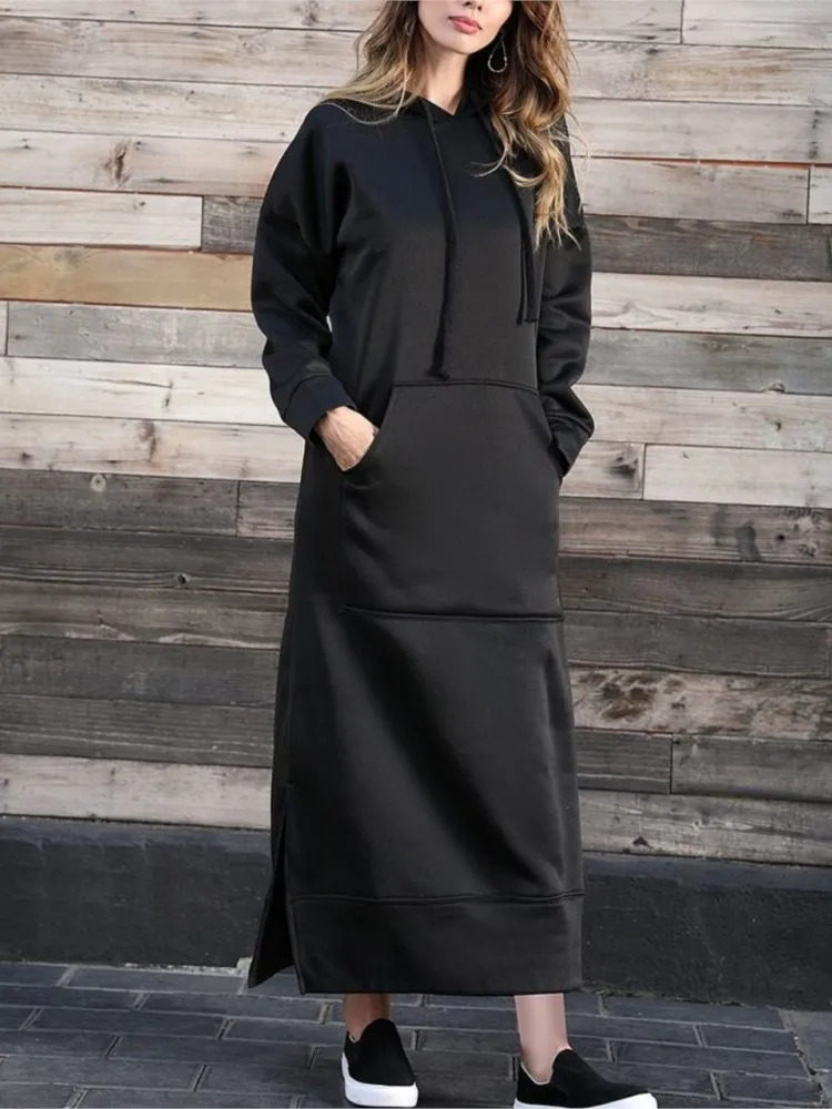 Autumn Winter Womens Loose Large Knitted Hooded Long Skirt With Velvet Hoodie Casual Fashion Dress Large Pocket Skirt 241209