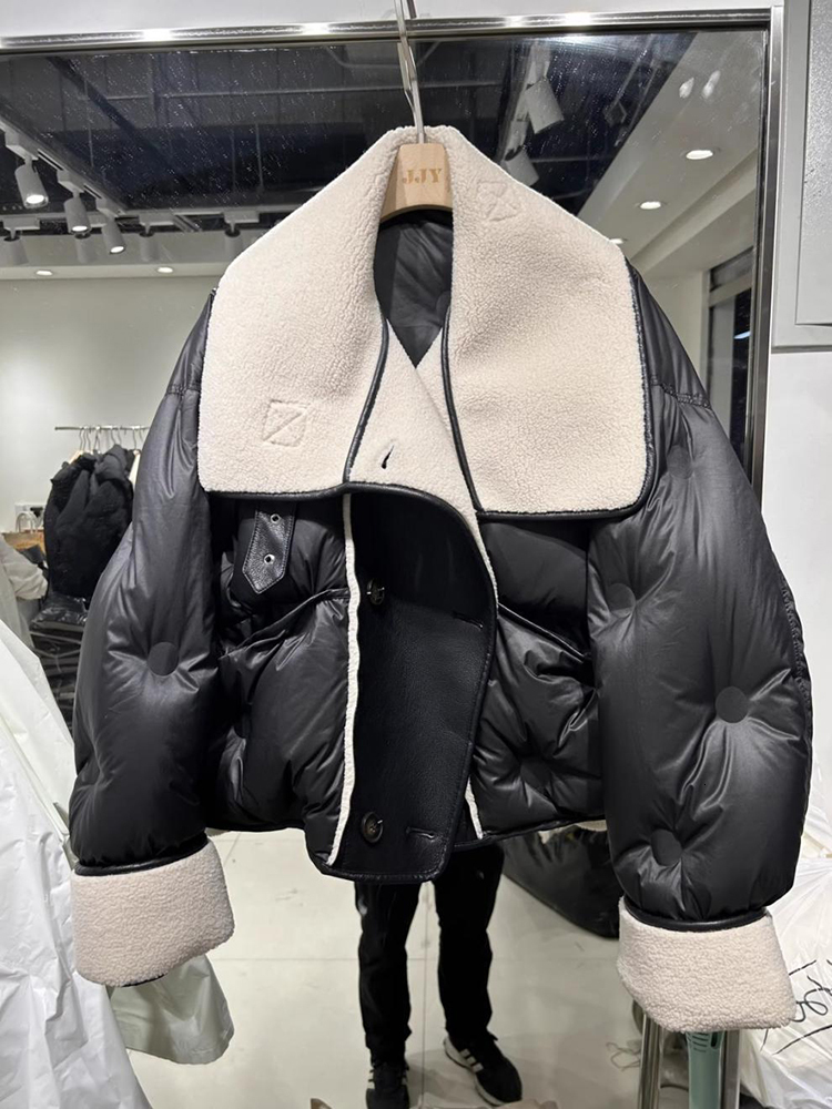 Winter Patchwork PU Leather Loose Parkas Lapel Women's Jackets White Duck Down Casual Coat Female Puffer Jacket