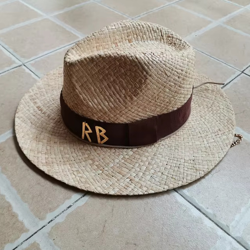 Chain Strap Straw Fedora Hat Embellished Beach Hats with Chain For Women Straw Woven Sun Hats Summer Holidaty Panama Hat