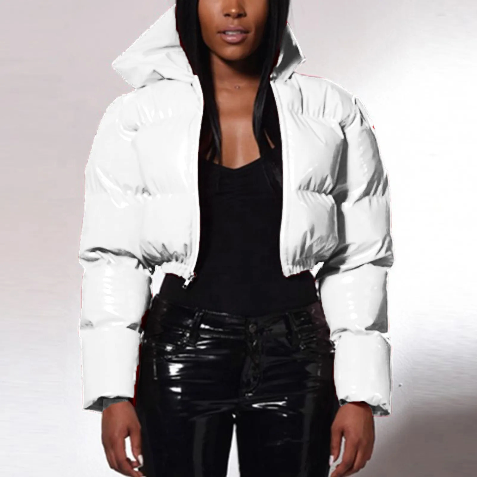 Womens autumn and winter warm short shiny padded hooded leather womens jacket with cover zipper OK 241209