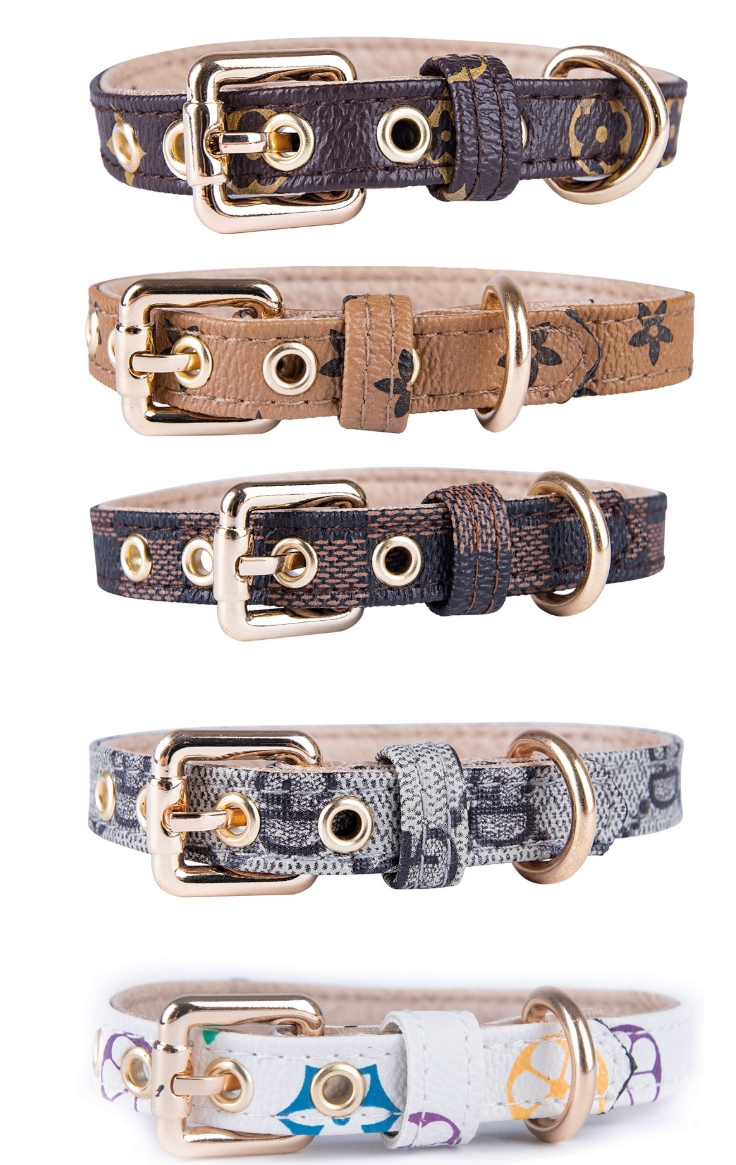 DHL 5 styles Adjustable PU Leather Pet Collars Fashion Letters Print Old wers Leashes for Cat Dog Necklace Durable Neck Decoration Accessory Pets Supp