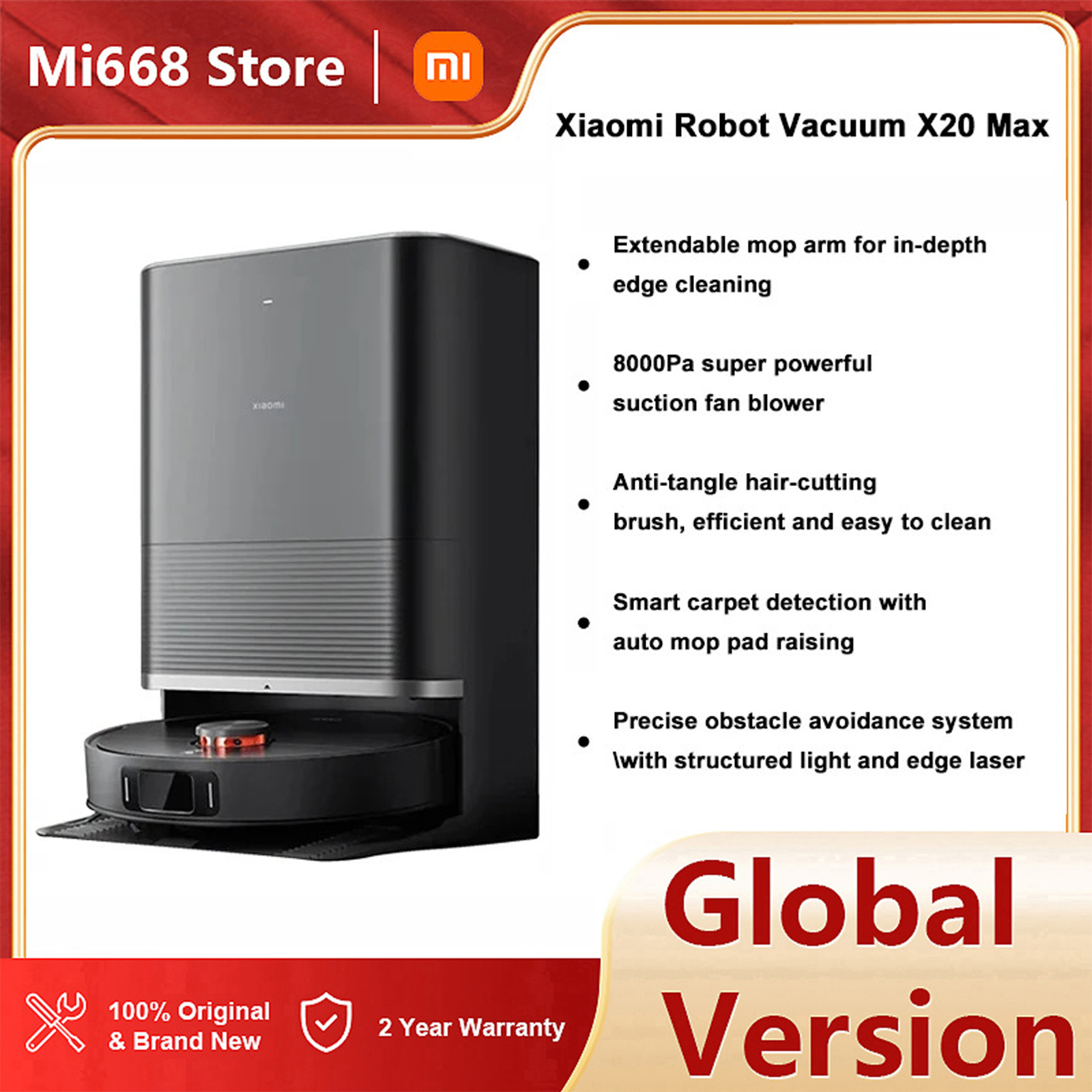 Global Version Xiaomi Robot Vacuum X20 Max Vacuum Cleaner with Wiping Function & All-in-One Station (8000Pa Suction Power;120 Min Battery Life; Auto; 