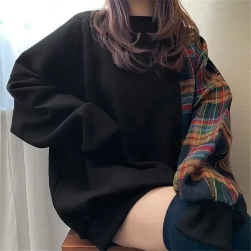 Women Clothing Plaid Patchwork Loose Hoodies Sweatshirts Spring Autumn Long Sleeve Contrast Street Casual Tops Fashion Trend 241209