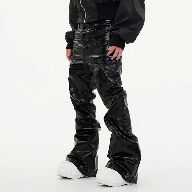 PFNW Autumn Mens Jeans Loose Wide Leg Coating Glossy Patent Leather Straight Male Denim Pants Niche Style 12C509 241206