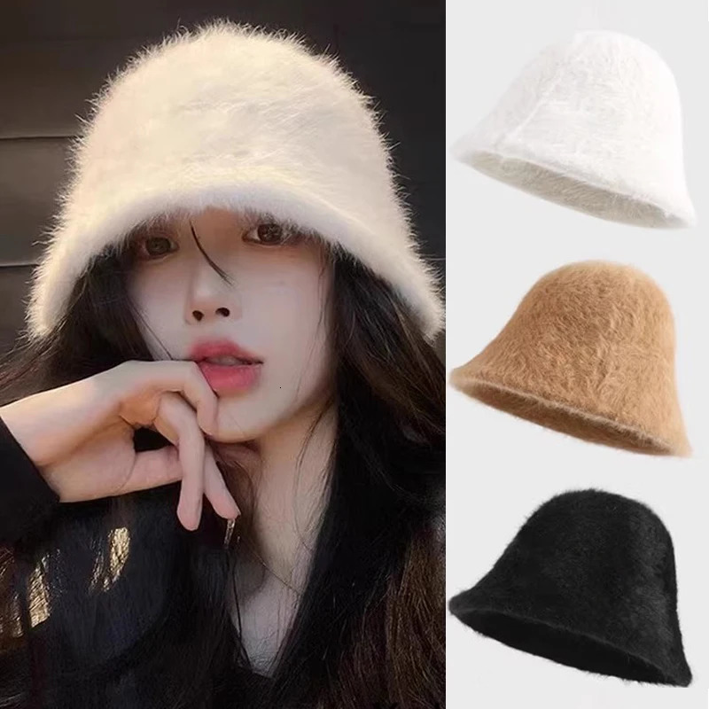 Womens White Rabbit Fur Bucket Hat Autumn Thick Warm Fishermans Hat Girls Outdoor Basin Hat Winter Women Panama Bob Goros 241205