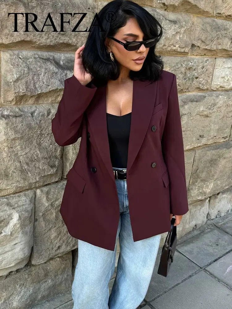 TRAFZA Vintage Woman Burgundy Red Blazer lapel Double Breasted Long Sleeve Suit Coat Womens 2024 Autumn Office Lady Outwear 241209