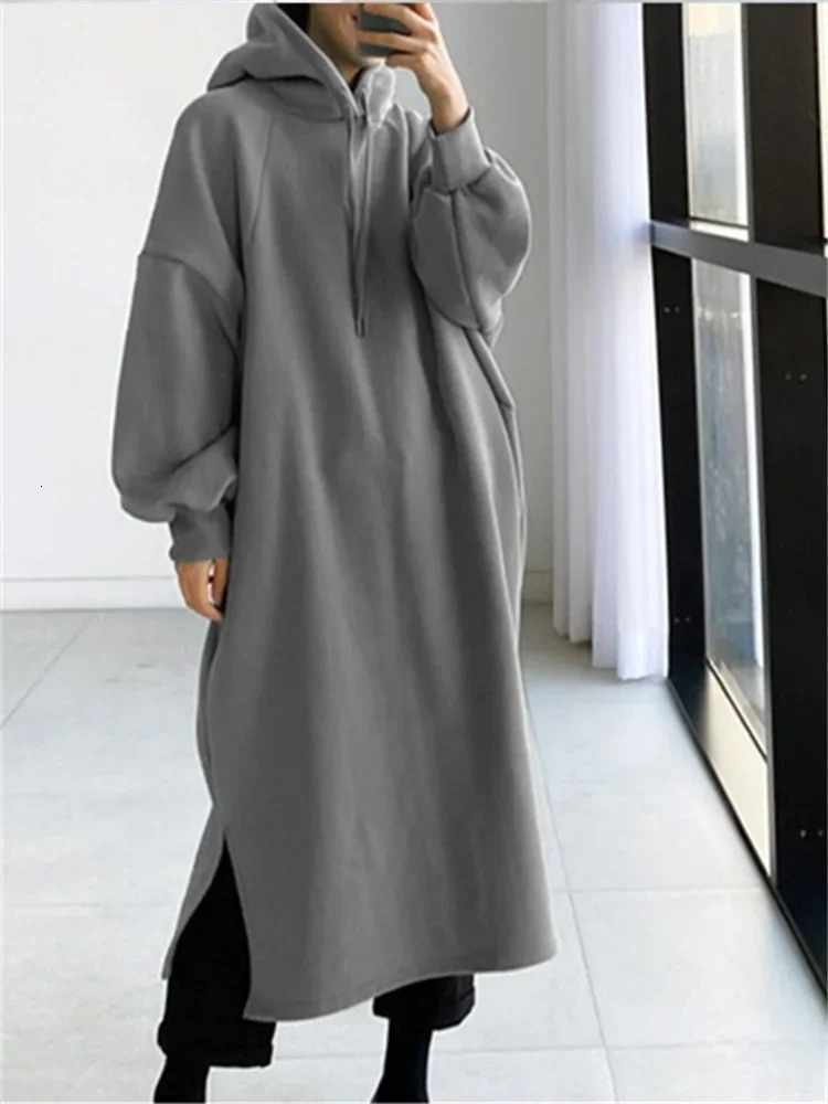 Fleece Lined Long Hoodies Women Autumn Winter Fashion Casual Solid Loose Long Sleeve Hood Pullover Tops Y2K Female Sweatshirts 241209