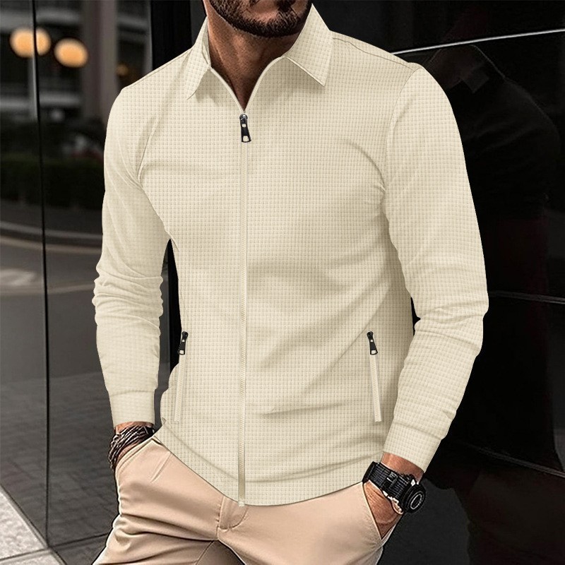 M11224 Men's autumn new waffle solid color zipper pocket long sleeve jacket