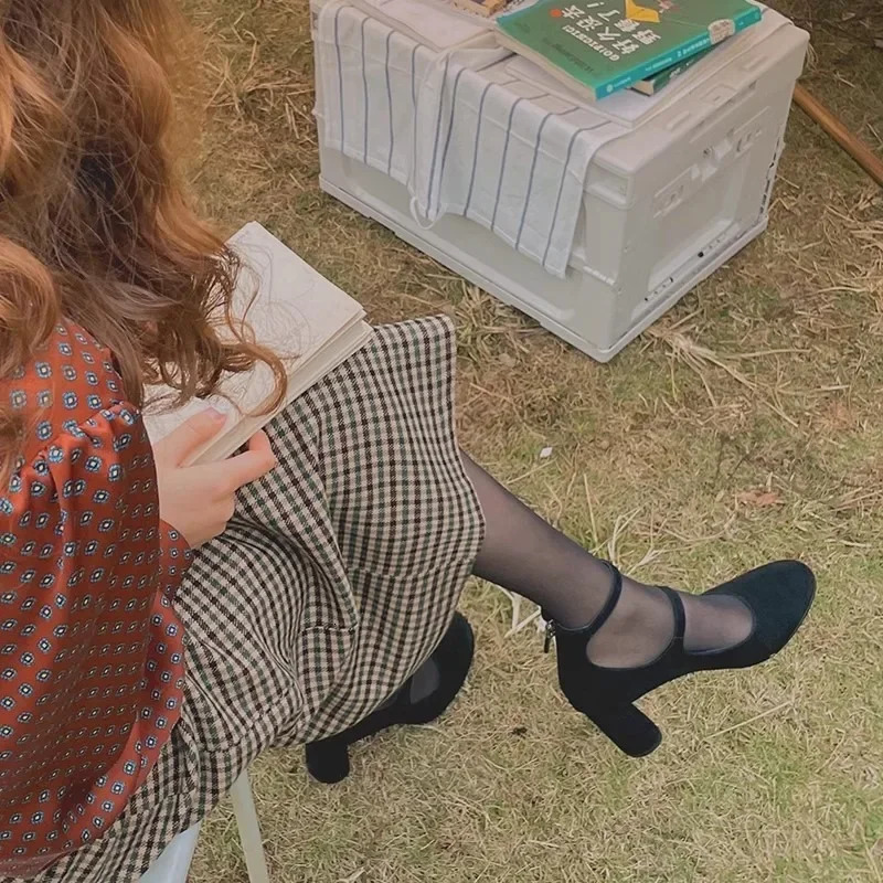 Fashion Square Heel Womens High Heels Shoes Black Suede Heels for Women Buckle Mary Jane Shoes Ladies Office Dress Pumps 241209