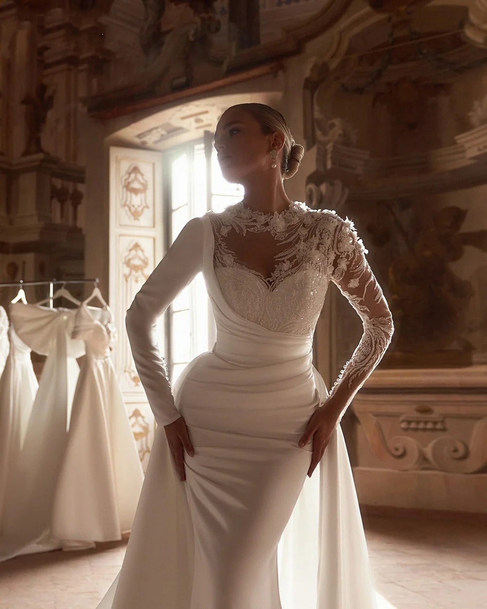 Elegant Mermaid Dresses Lace Appliques O-Neck Long Sleeves BOHO Detachable Train Wedding Bridal Gown Customized Vestidos De Novia