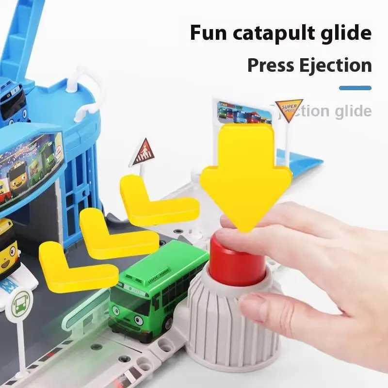 Tayo the Little Bus Parking Playset with start-up and slide functions equipped with 2 mini buses (random colors) - Childrens Cartoon Car Set X241209