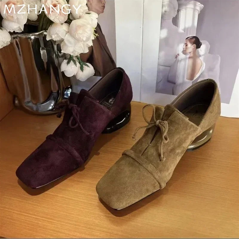 Suede Square Toe Mid Heels Shoes Women Desigenr Chunky Loafers Shoes Trend Fashion Elegant Pumps Dress Mujer De Zapatillas 241209
