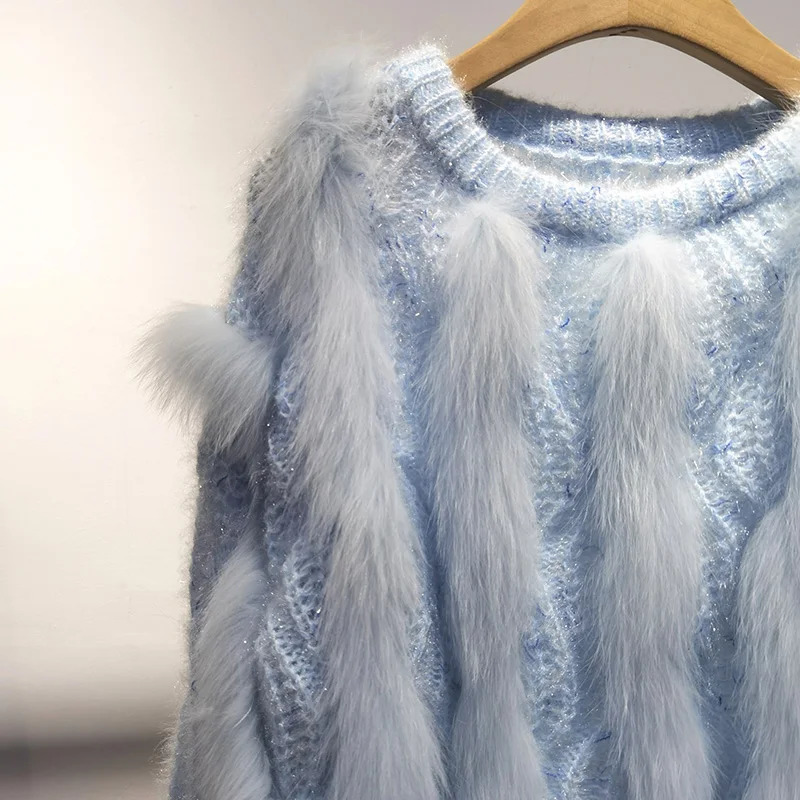 fox fur striped knitted short pull sweater long sleeved O-neck womens pull jumper womens fur decorative sweater 241202