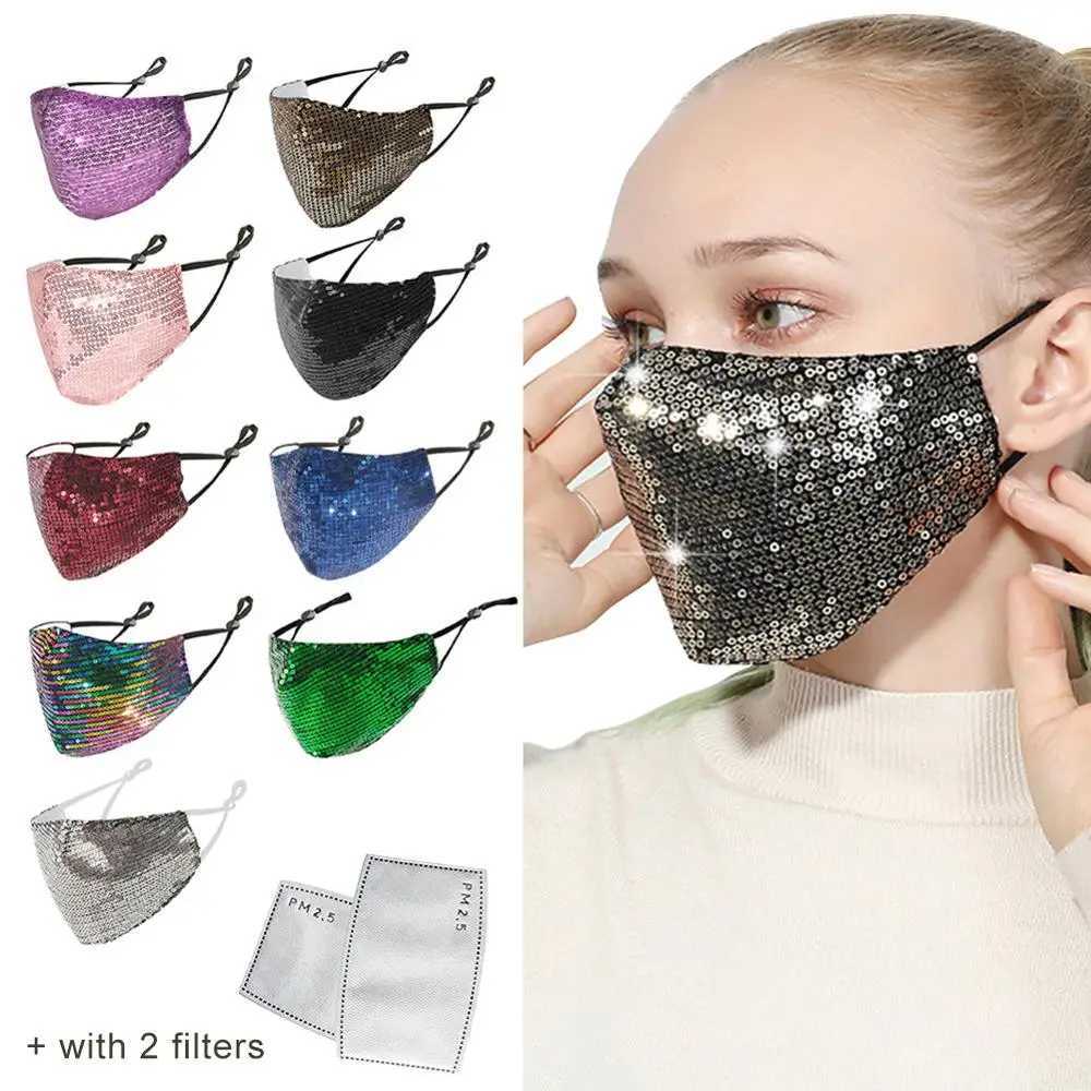3pcsFashion Sequin Face Mask with 2 Filters Bling Breathable Washable Reuseable Anti Fog Dust Mask for Women Party Outdoor ActivityXJ241209