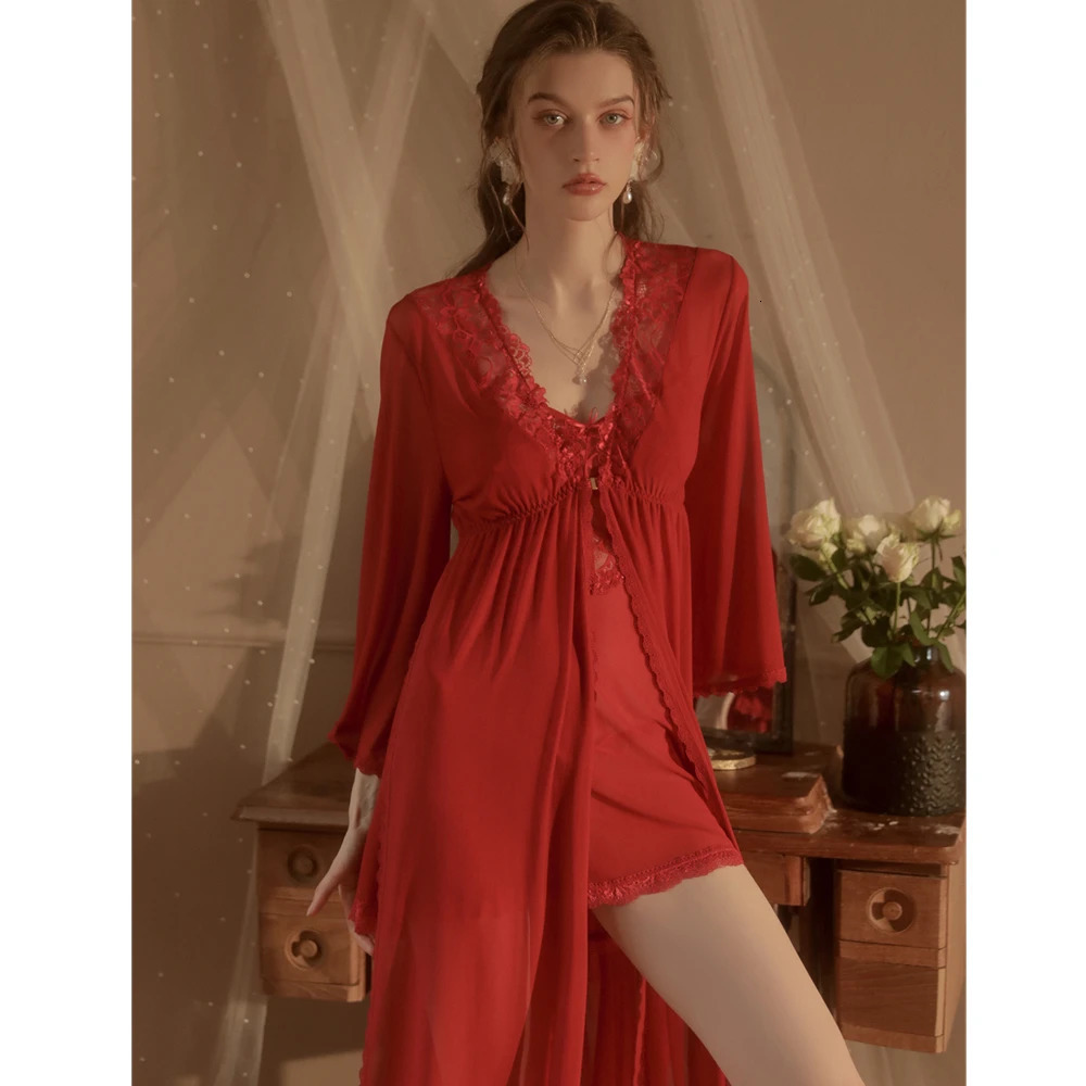 Womens Robe Fairy Nightwear Ice Silk Sling V-Neck Lace Lingerie Couple Fun Sexy Temptation Sleepwear Home Clothes Set 241209