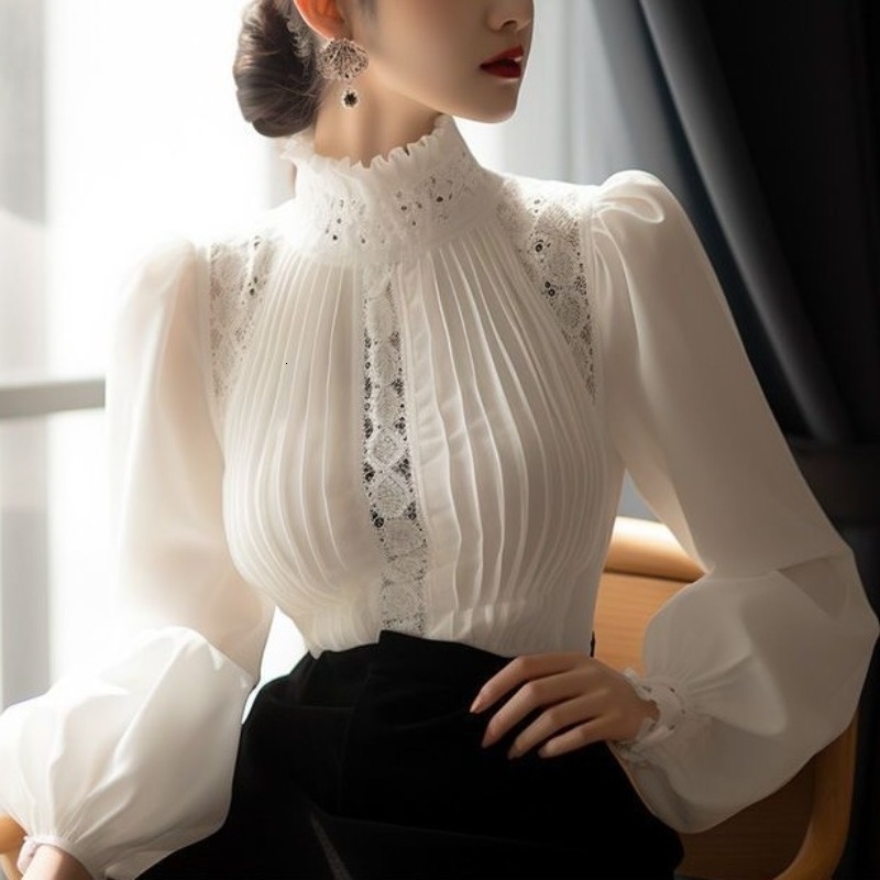 Womens solid color stand up collar shirt for spring 2024 pleated edge splicing work lace hollow long sleeved shirt top 241206