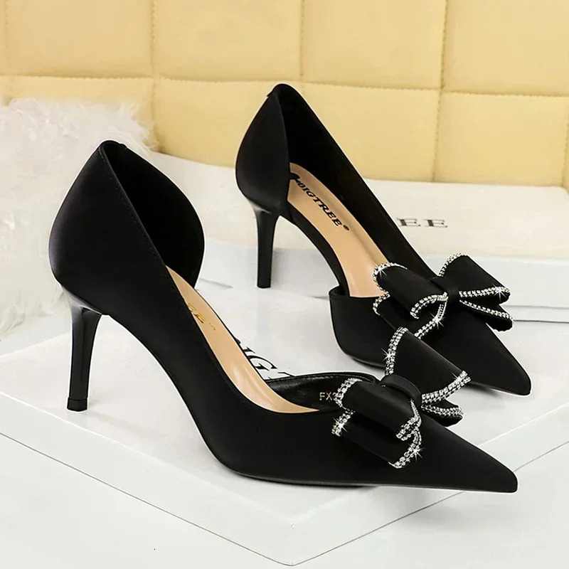 BIGTREE Fashion Nightclub Pumps 7cm High Heels Fashion Silk Pointed Toe Side Hollow Shiny Crystal Bowknots Lady Prom Shoes 241209