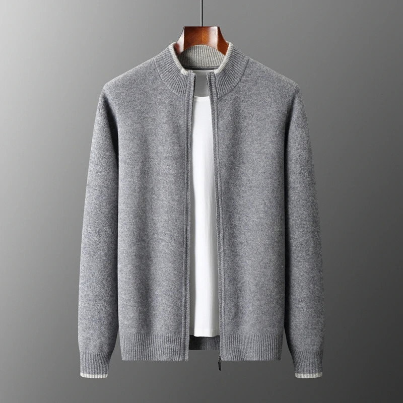 24 Autumn/Winter 100% Merino Wool Open Collar Wool Mens Half High Collar Color Padded Casual Cashmere Knitted Jacket 241205