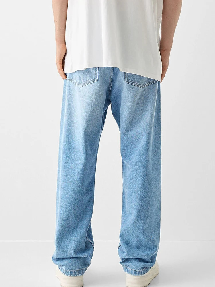 Straight jeans mens wide loose denim blue unisex streetwear casual pure pants hiphop bag 241206