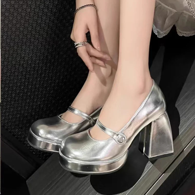 High Heels Mary Janes Shoes Women Silver Party Lolita Shoes Fashion Dress Chunky Female Elegant Zapatos Pumps 241209