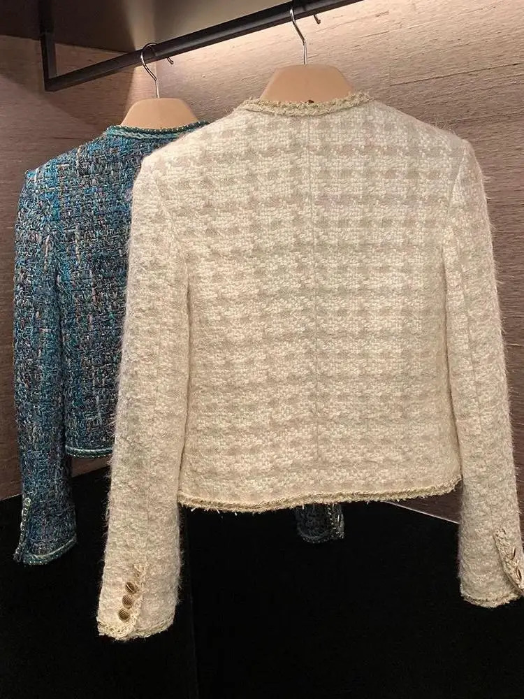 UCXQ Fashion Short Jacket Korean Style O-neck Contrastive Color Checkered Womens Coarse Floral Elegant Womens Jacket Spring/Summer 2123 241206