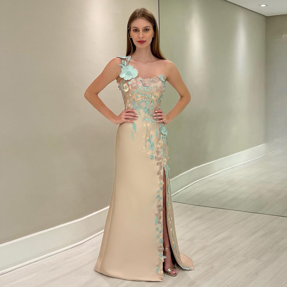 Mermaid Champagne Prom Dresses Appliqued Side Split Evening Gowns One Shoulder Necke Satin Special Ocn Formal Wear