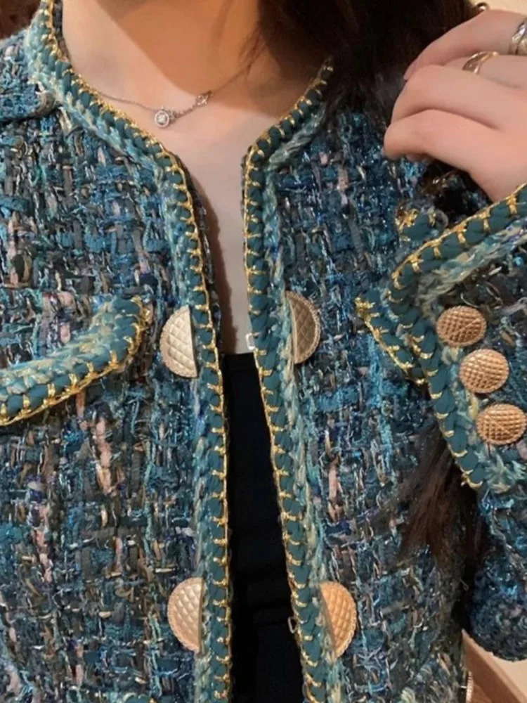 UCXQ Fashion Short Jacket Korean Style O-neck Contrastive Color Checkered Womens Coarse Floral Elegant Womens Jacket Spring/Summer 2123 241206