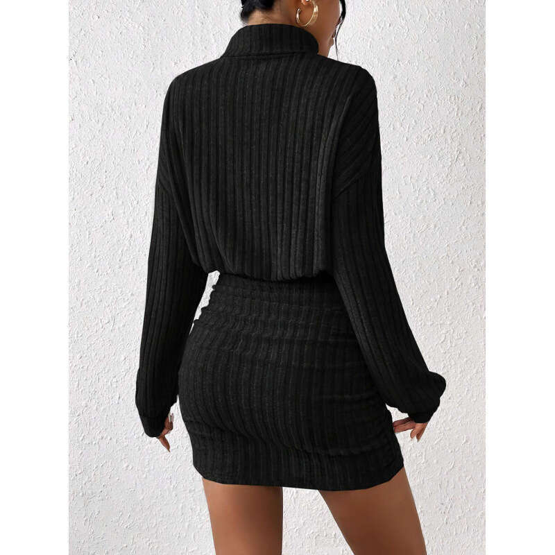 Women's 2024 autumn/winter slim fit fashionable pit stripe high neck hip hugging long sleeved dress