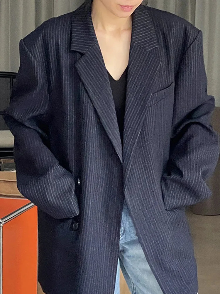 LANMREM Striped Blazer For Women Notched Single Button Long Sleeve Loose Jackets 2024 Spring Clothing 26D2884 241209