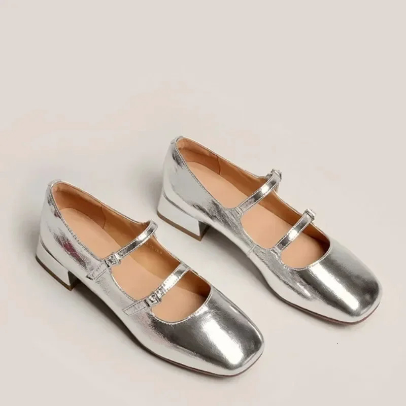 Maogu Spring French Retro Shallow Mouth Thick Heel Dress Shoes Fashion Silver Square Head Mary Jane Ballet Shoe Low Heels 241209