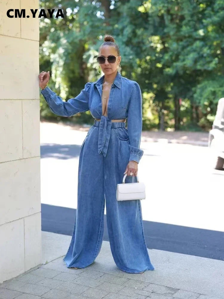 CM. YAYA denim womens suit tie long sleeved shirt and pocket loose jeans pants street two-piece set 241202